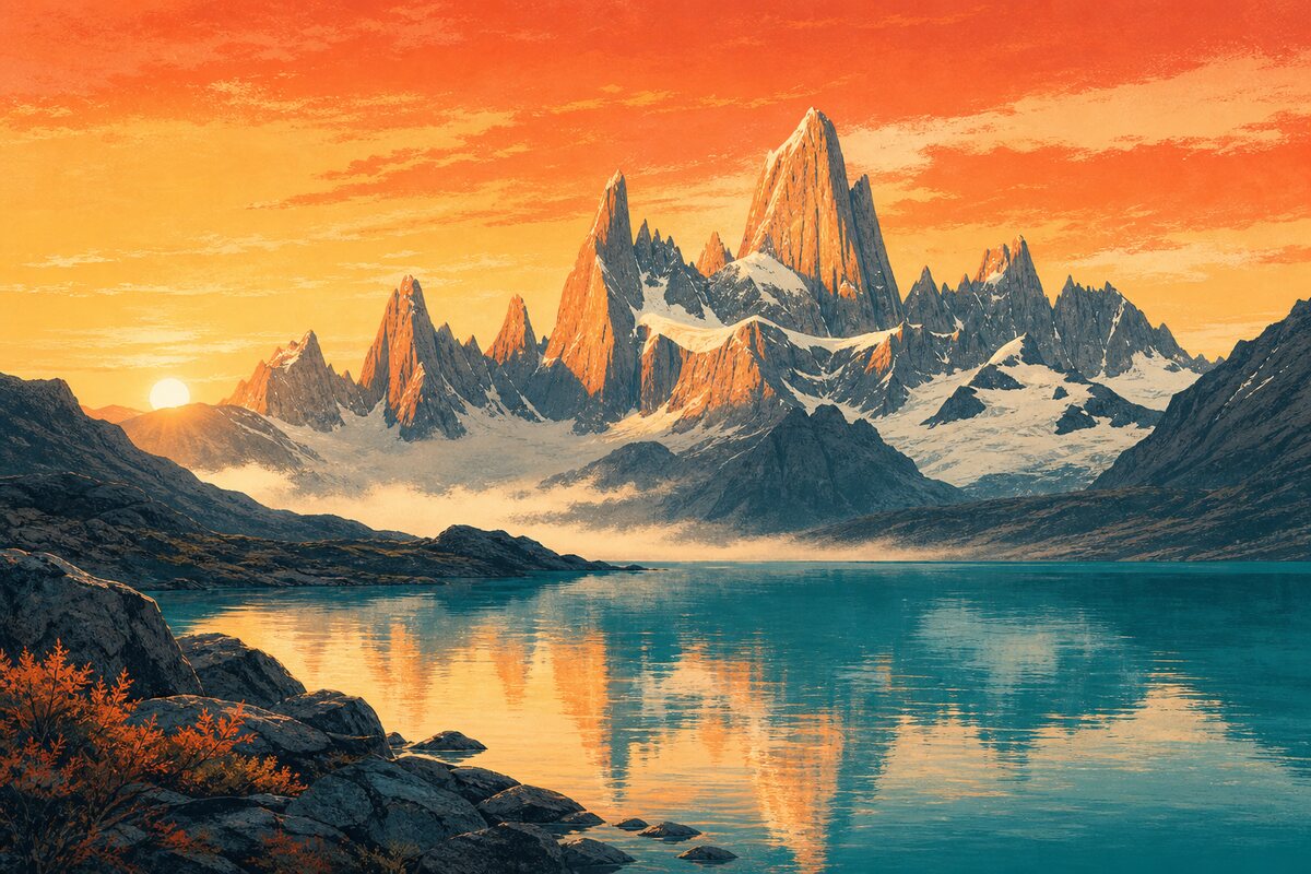 Amanecer sobre los picos y un lago glaciar de la Patagonia